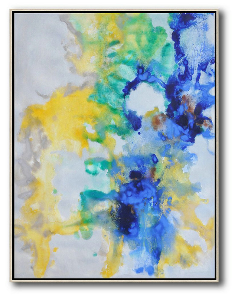 Large Modern Abstract Painting,Oversized Abstract Landscape Painting,Modern Wall Art Grey,Yellow,Green,Blue